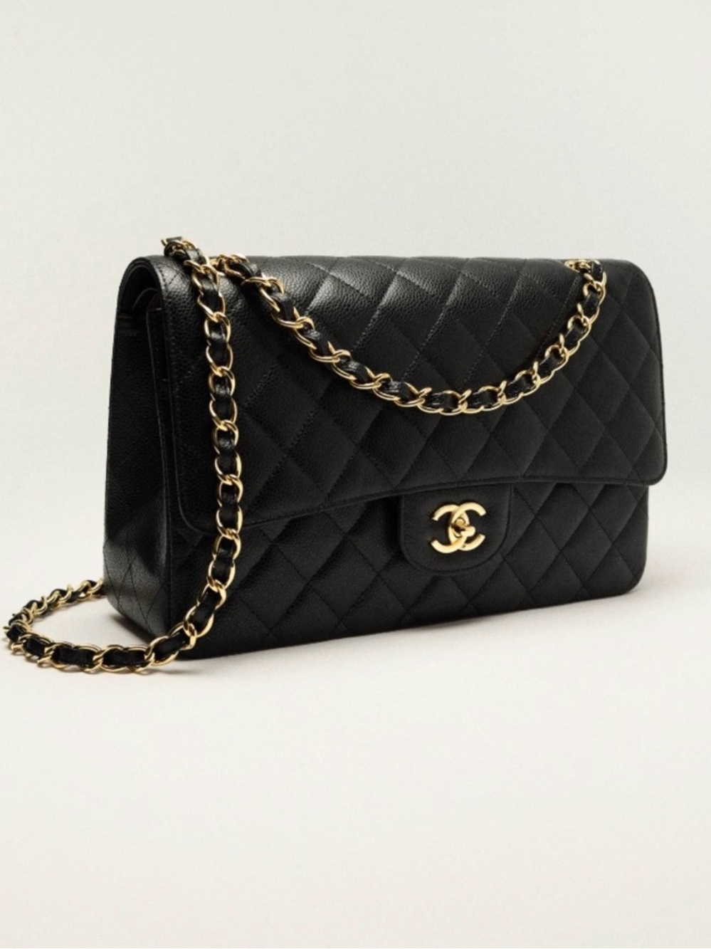 CHANEL Classic Double Flap Caviar Leather Shoulder Bag Black & Gold